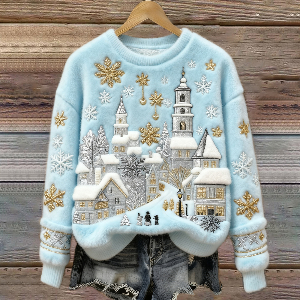 Christmas Snow Scene Embroidery Women's Cozy Plush Sweater