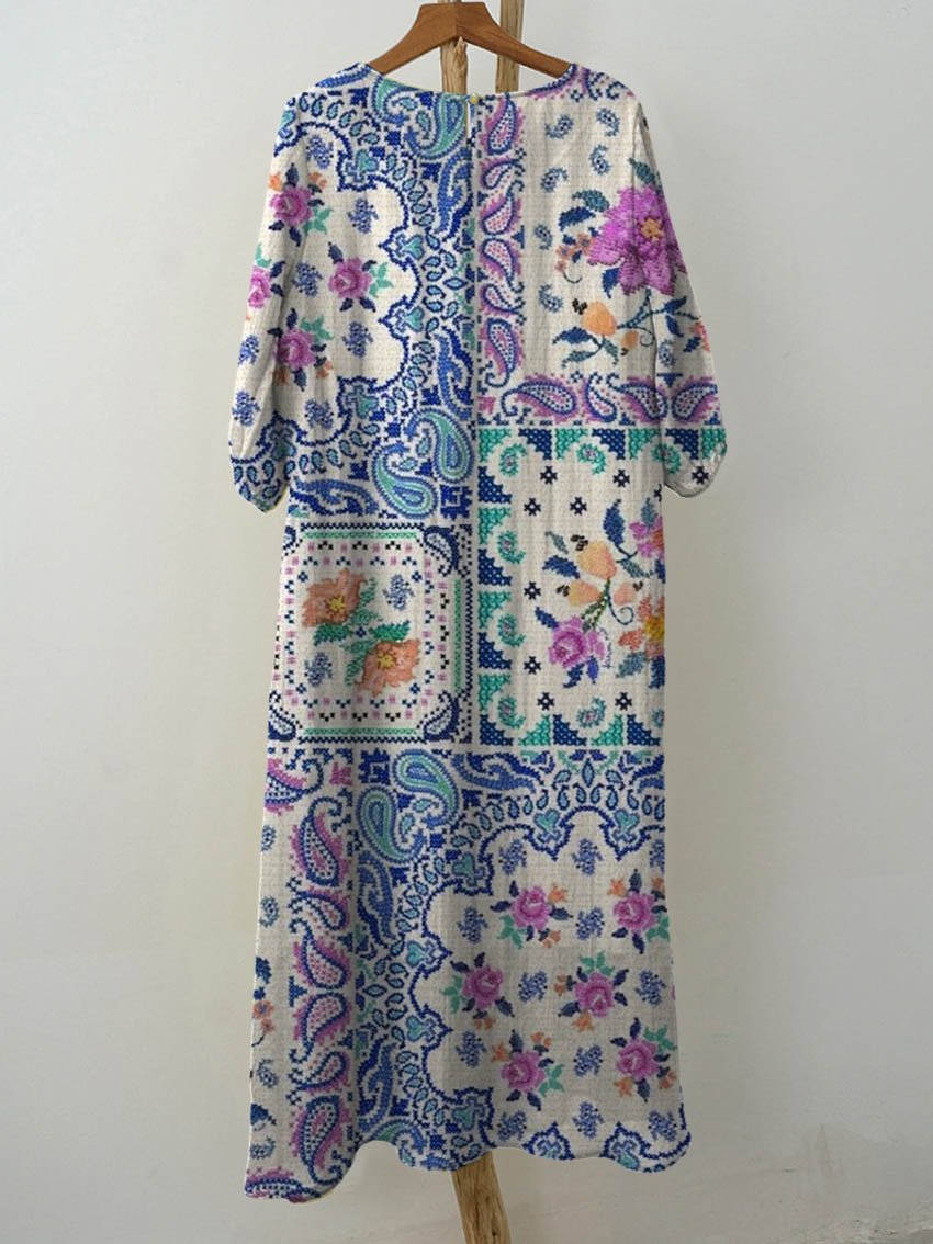Women's Vintage Ethnic Floral Art Print Pocket Cotton Dress