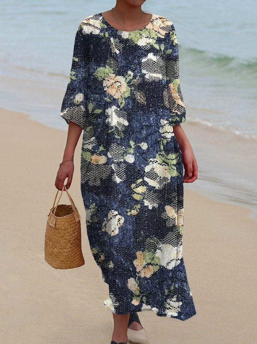 Women's Vintage Dark Floral Print Pocket Cotton Dress