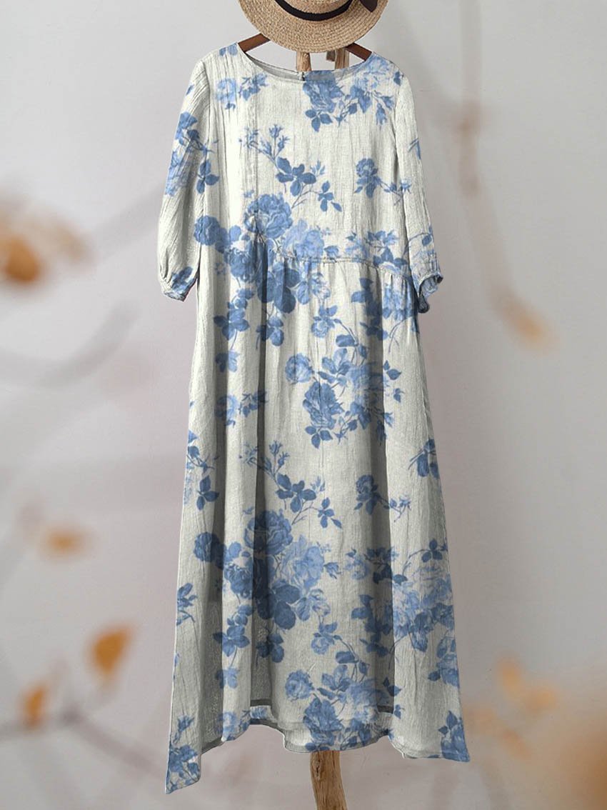 Women's Vintage Floral Art Print Pocket Cotton Dress