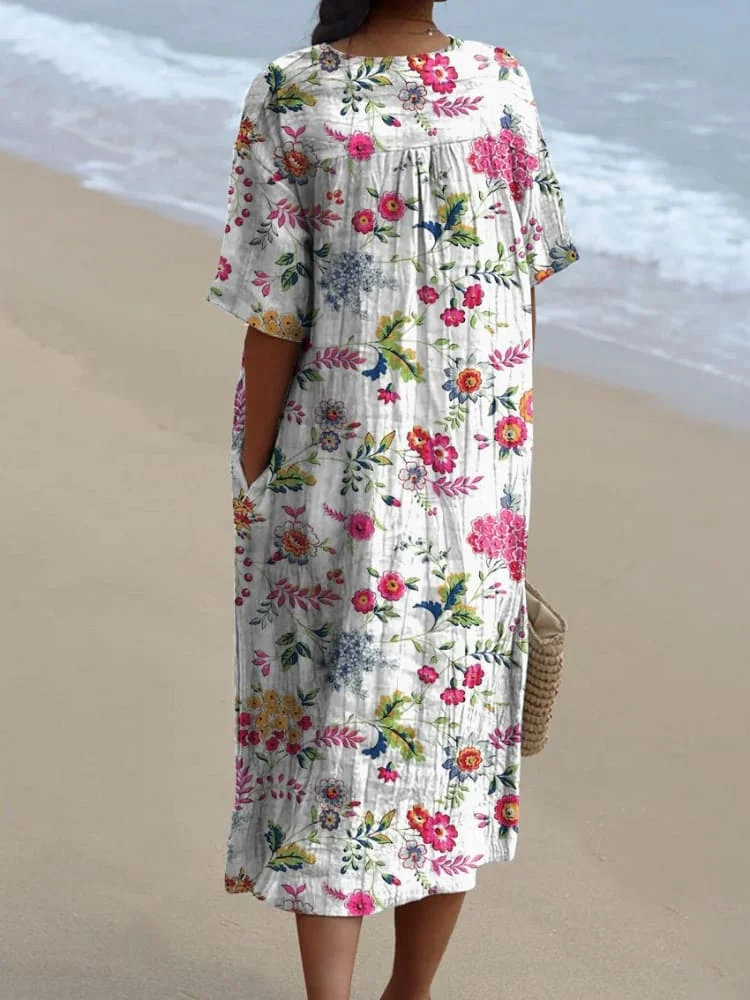 Retro Style Garden Floral Repeat Pattern Printed Women's Flowy Dress