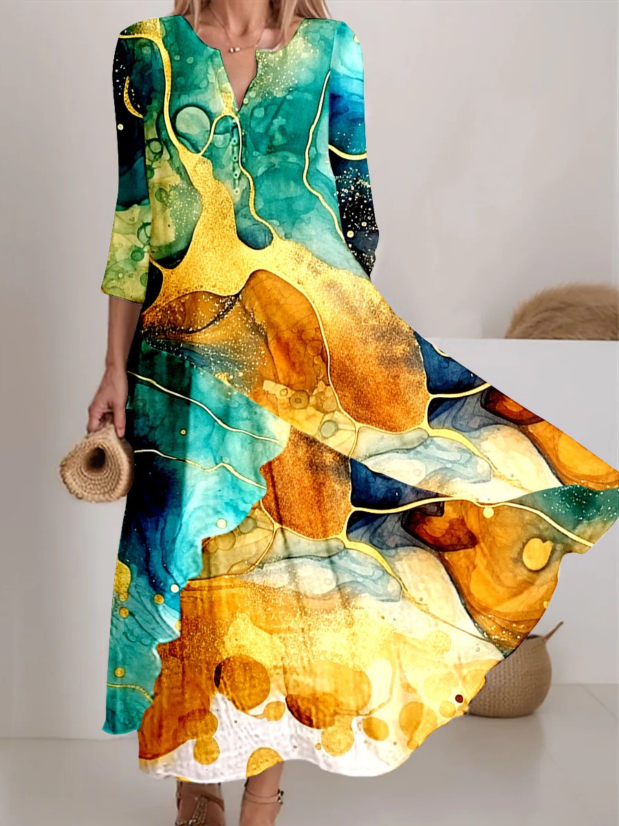 Women's Watercolor Splash Fluid Art Print Flowy Dress