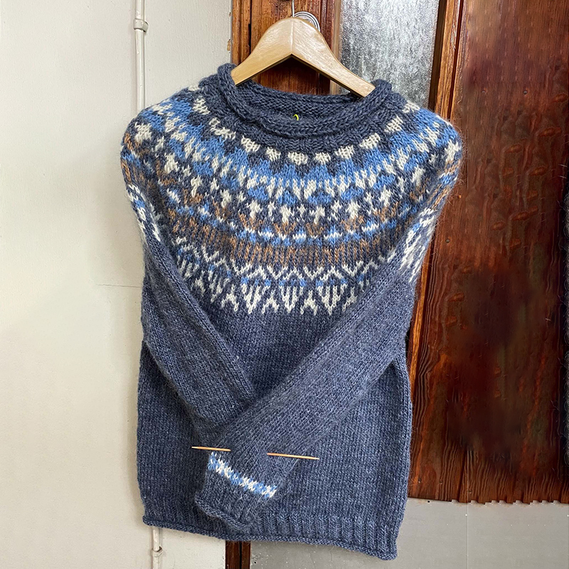 Vintage Navy Blue Icelandic Knit Jacquard Warmth Crew Neck Sweater Unisex