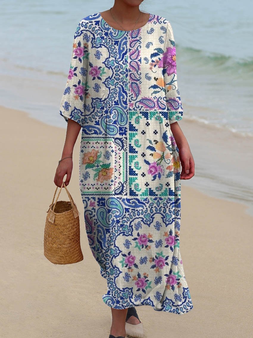 Women's Vintage Ethnic Floral Art Print Pocket Cotton Dress