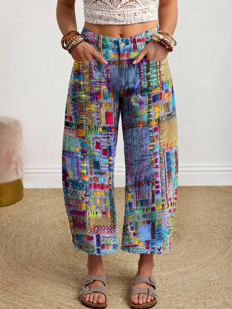Women's Retro Colorful Art Print Casual Pocket Cotton Pants