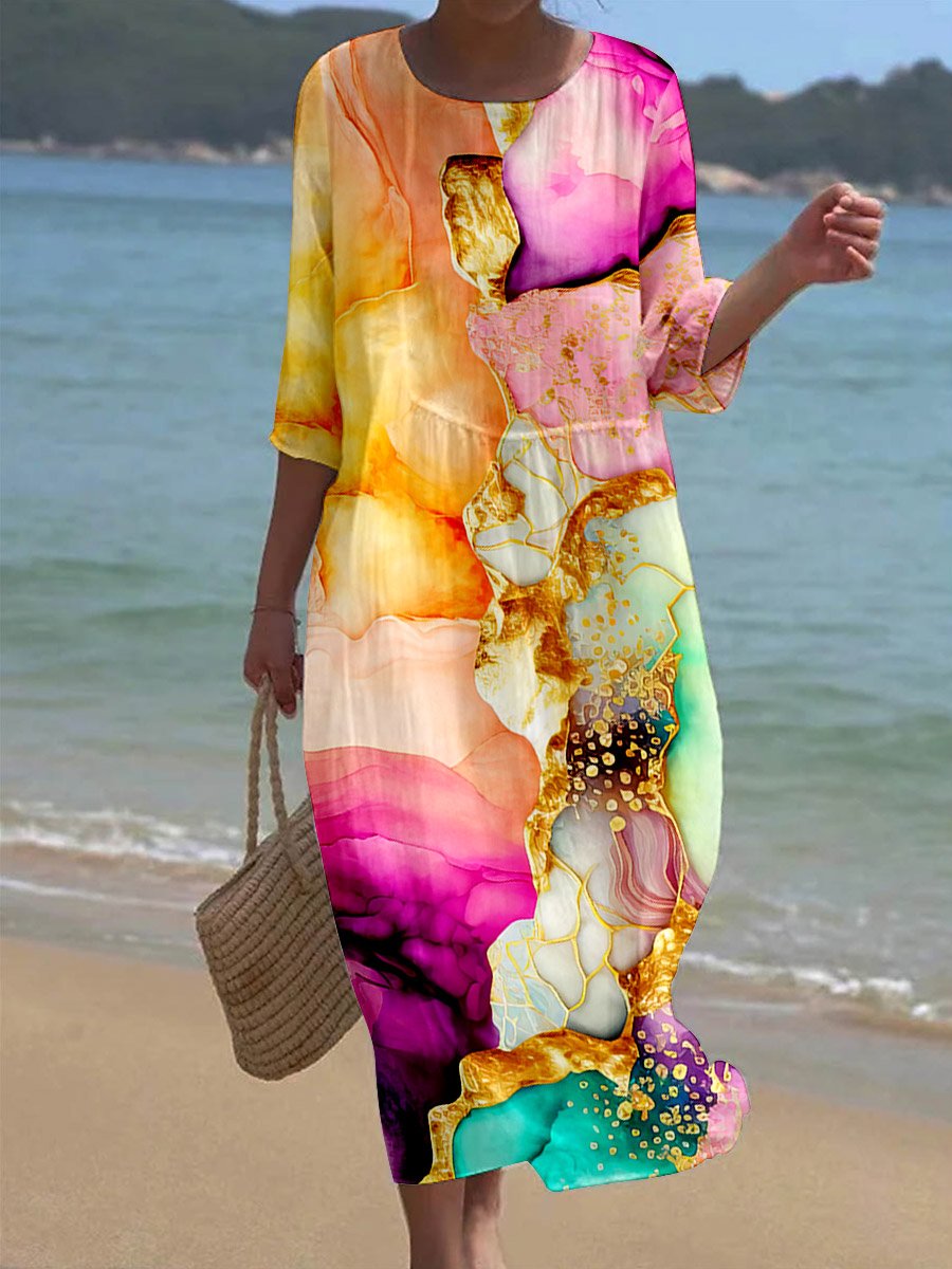 Women's Floral Alcohol Ink Art Printed Casual Holiday Dress