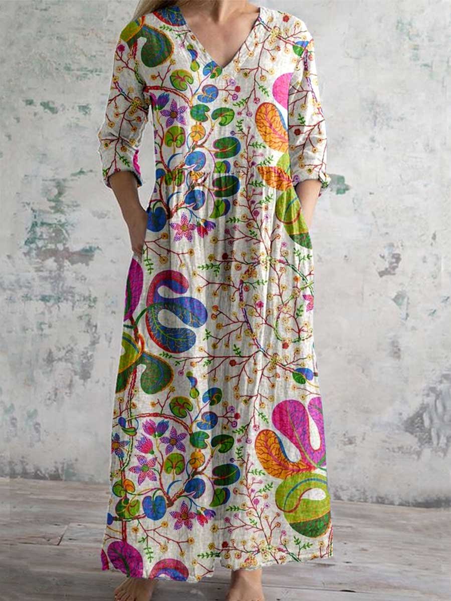 Women's V-neck  Abstract Art Floral Pattern Collar Cotton Dress With Pockets