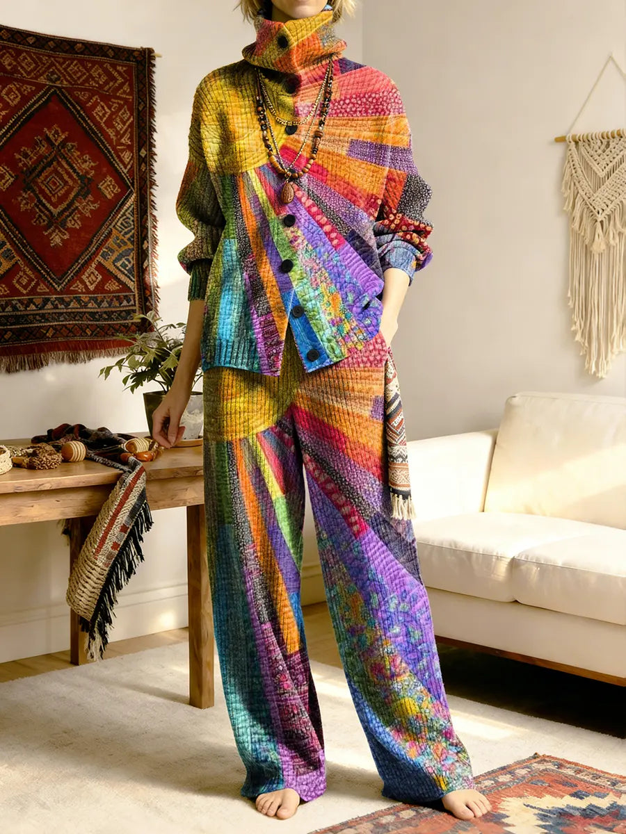 Vintage Sun Patchwork Art Women's Long Sleeve Top And Pants Sweater Suit