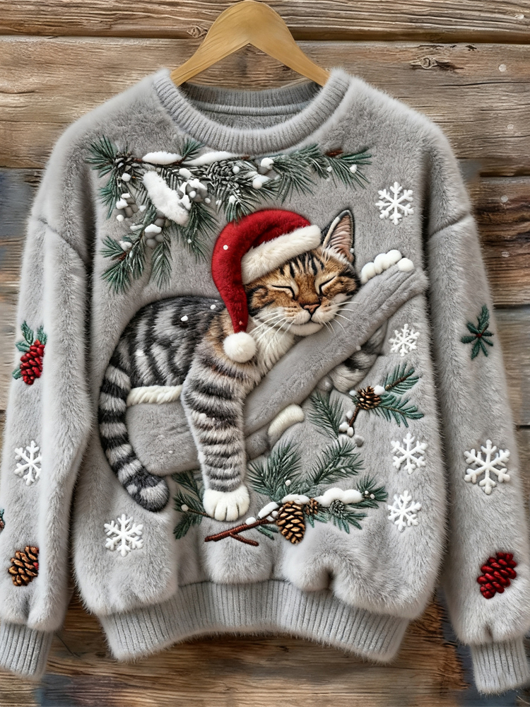 Christmas Lazy Cat Art Women's Cozy Plush Sweater