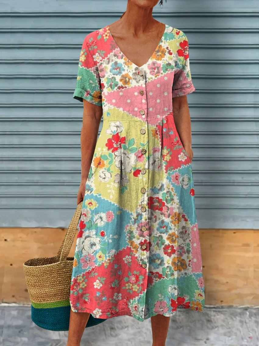 Women's Vintage Floral Art Print Linen Pocket Tunic Dress