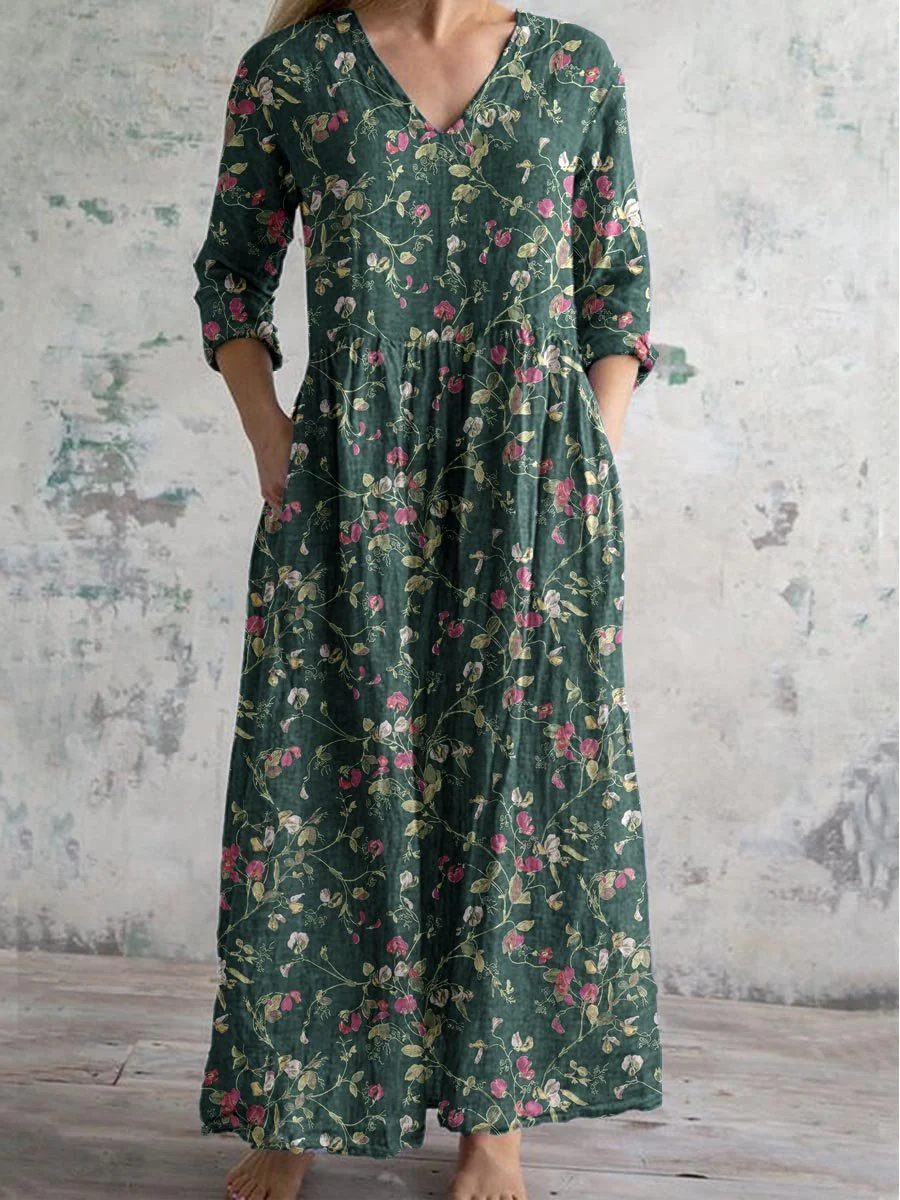 Women's V-Neck Elegant Simple Floral Pattern Cotton And Linen Dress With Pockets