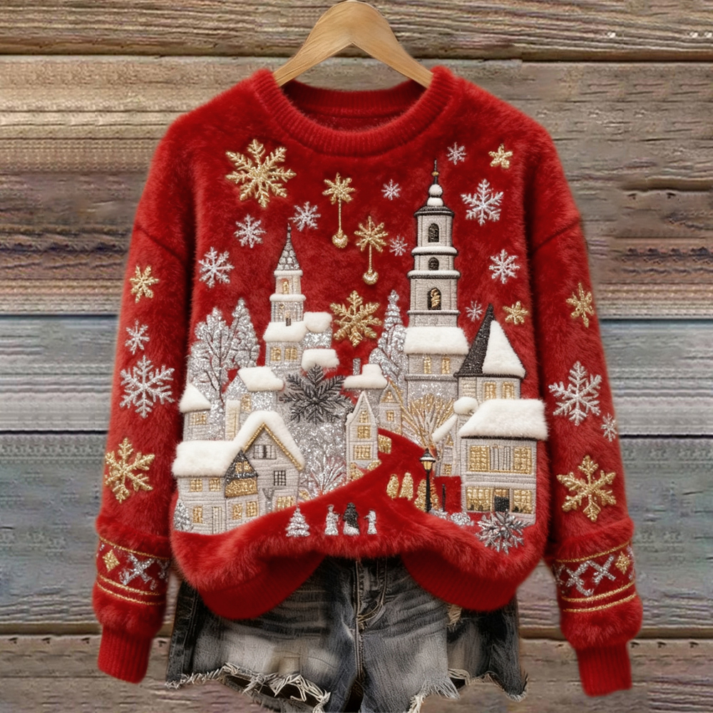 Christmas Snow Scene Embroidery Women's Cozy Plush Sweater