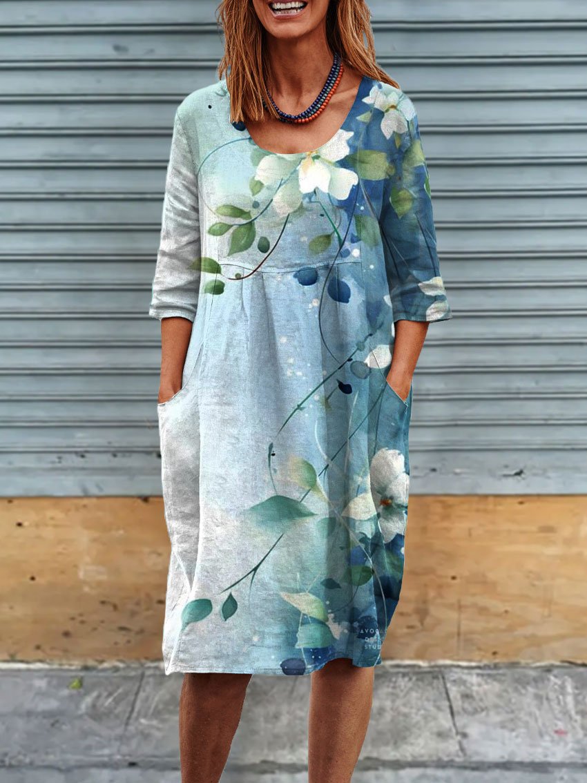 Womens Flower Art Print Linen Pocket Tunic Dress