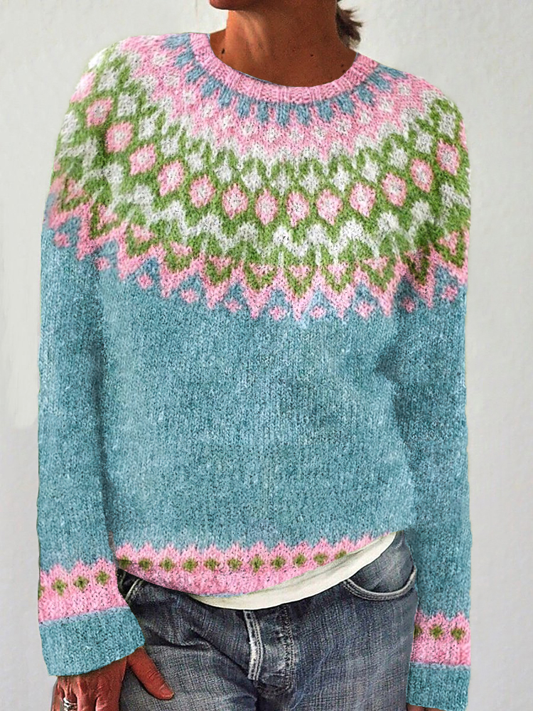 Geometry Icelandic Knit Printed Pullover Cozy Sweater