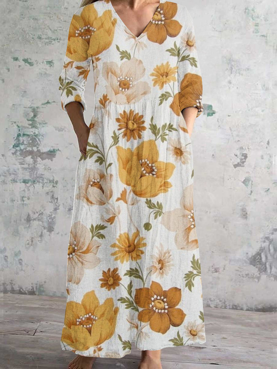 Women's V-Neck Floral Elegant Art Print Cotton and Linen Pocket Dress