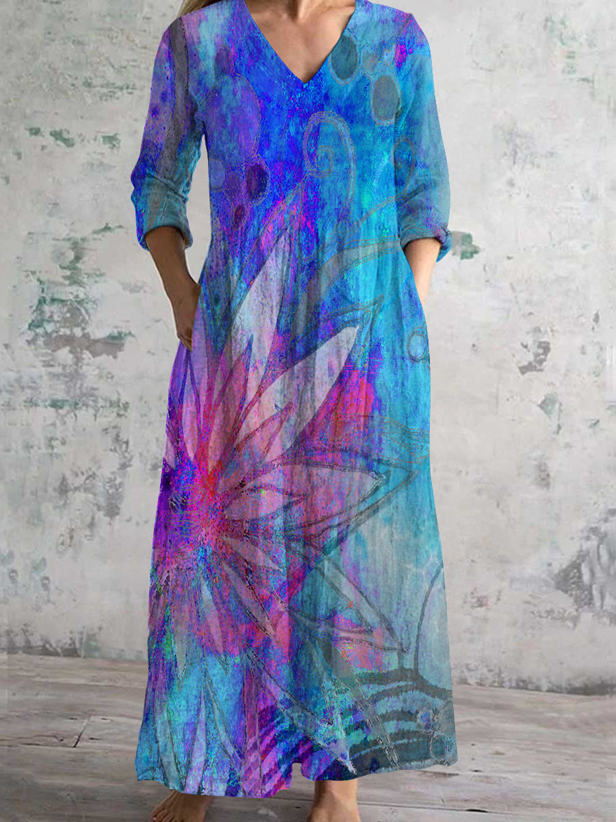 Women's V Neck Abstract Floral Art Print Cotton and Linen Pocket Dress