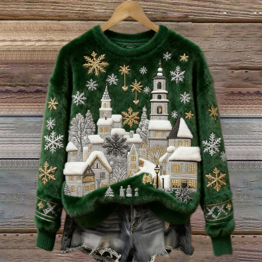 Christmas Snow Scene Embroidery Women's Cozy Plush Sweater