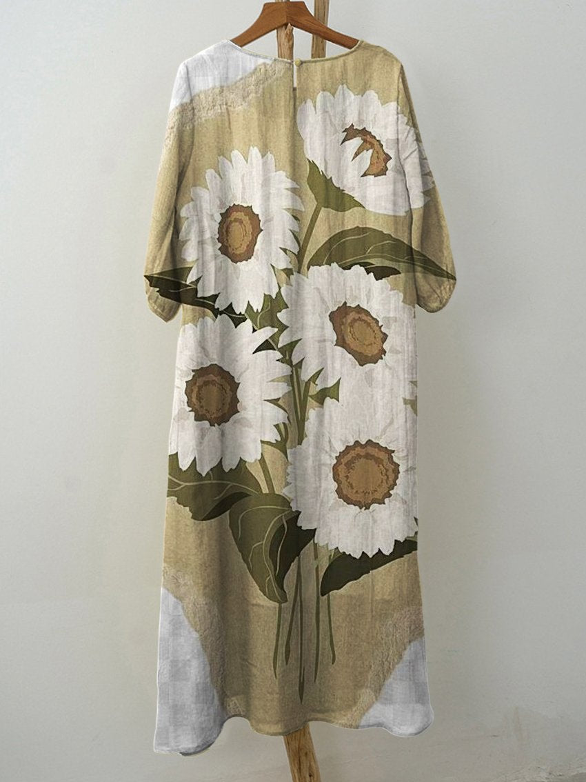 Women's Vintage Daisy Floral Print Pocket Cotton Dress