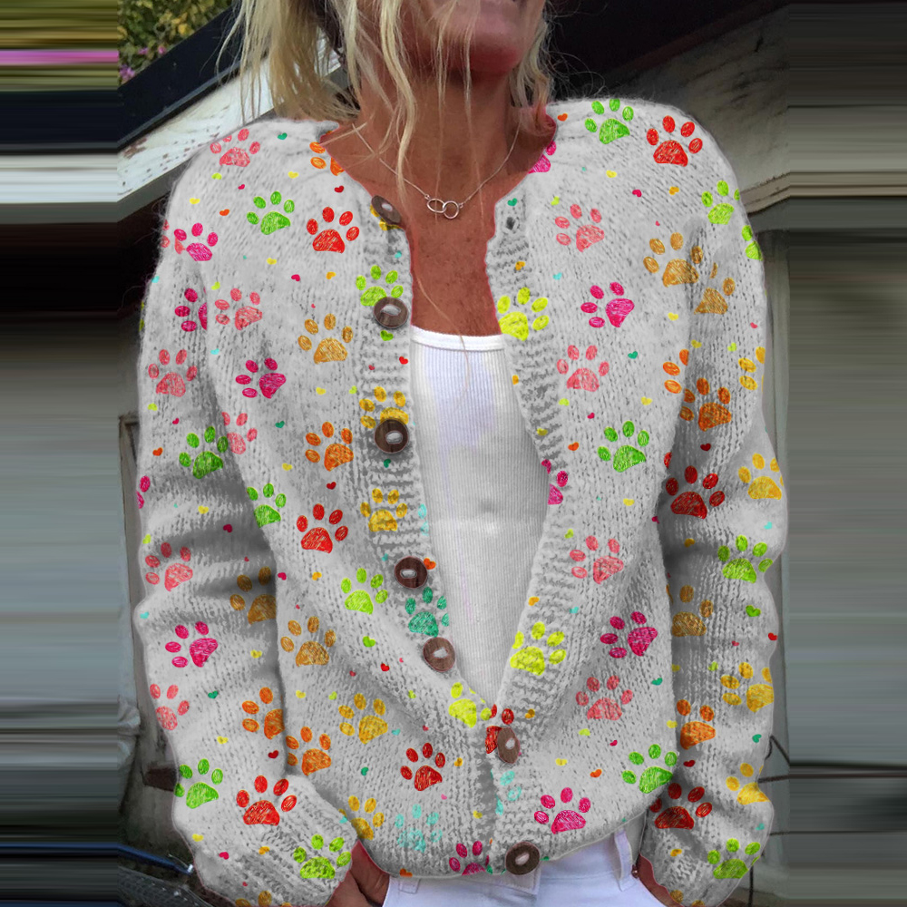 Dog Paw Print Long Sleeve Casual Knitted Cardigan