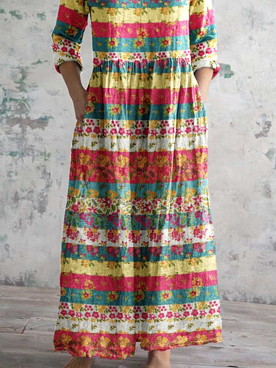 Women's Elegant Floral Pattern V-Neck Cotton Fabric Dress with Pockets