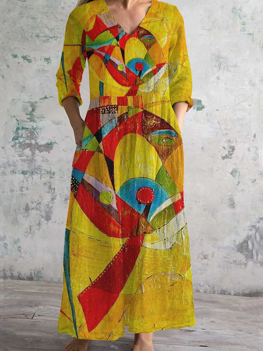 Women's V-Neck Art Painting Rendering Pattern Dress with Pockets