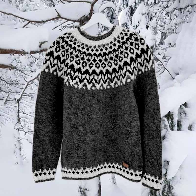 Vintage Icelandic Knit Jacquard Islender Crew Neck Sweater(Unisex)