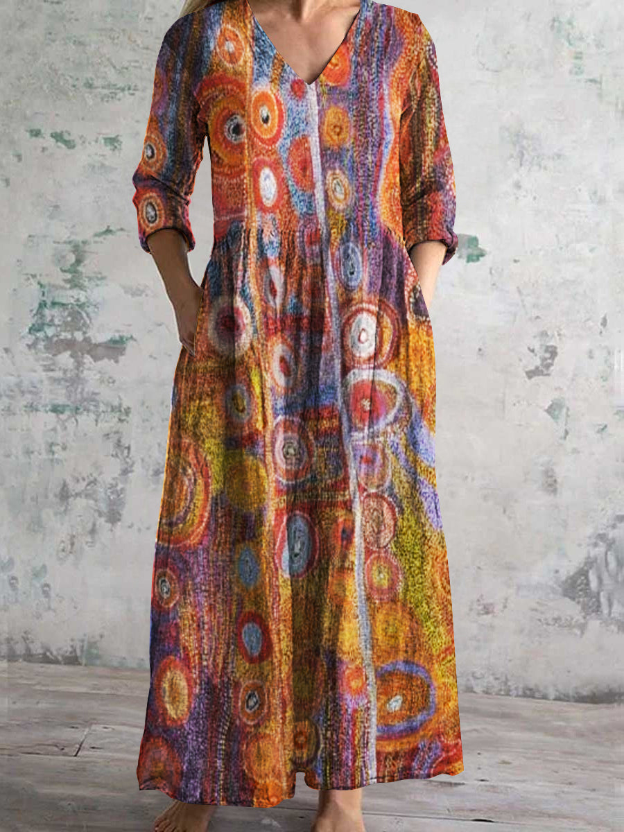 Women's V-Neck Vintage Simple Art Geometric Long Sleeve Dress