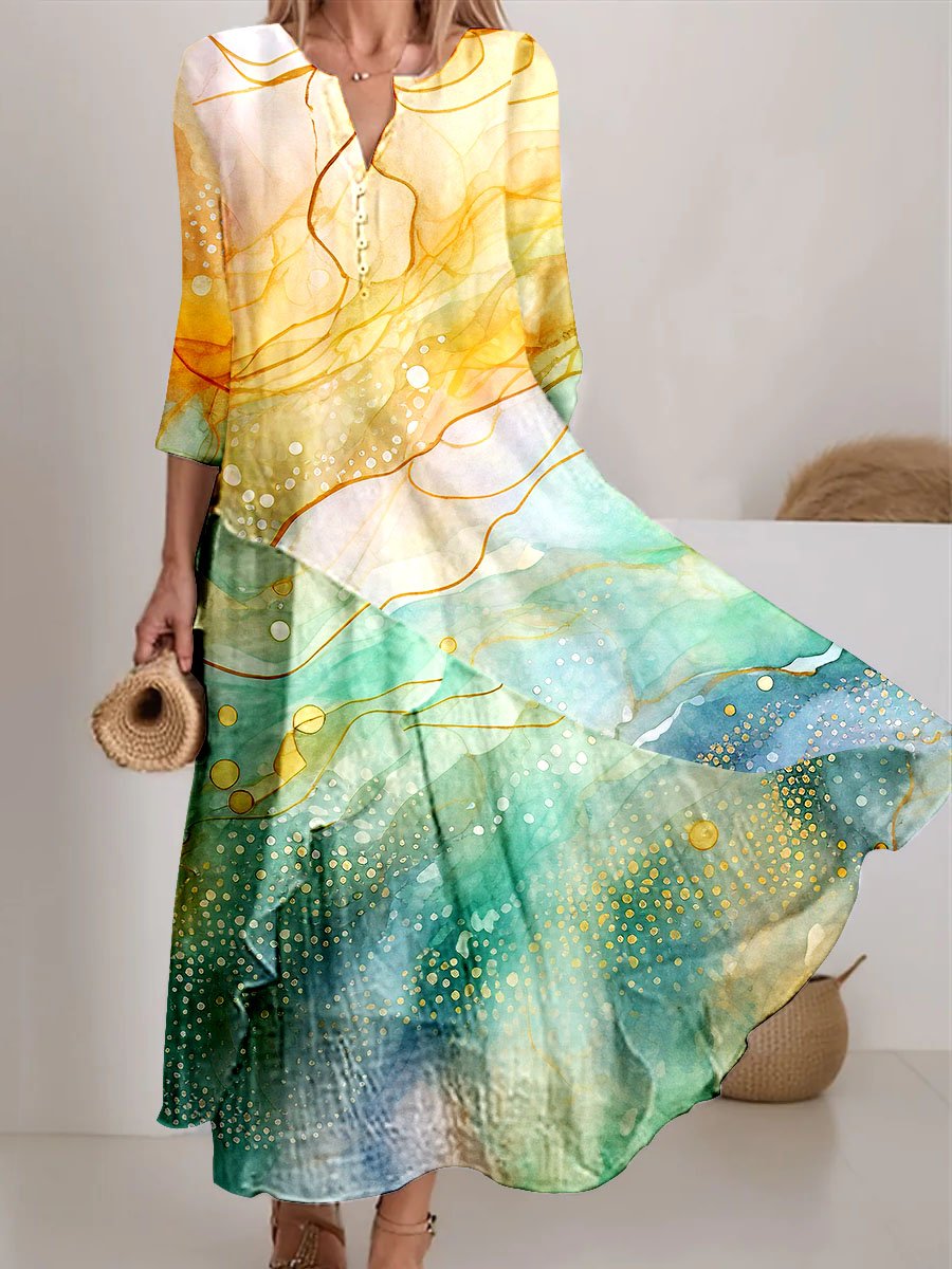 Women's Watercolor Splash Fluid Art Print Flowy Dress