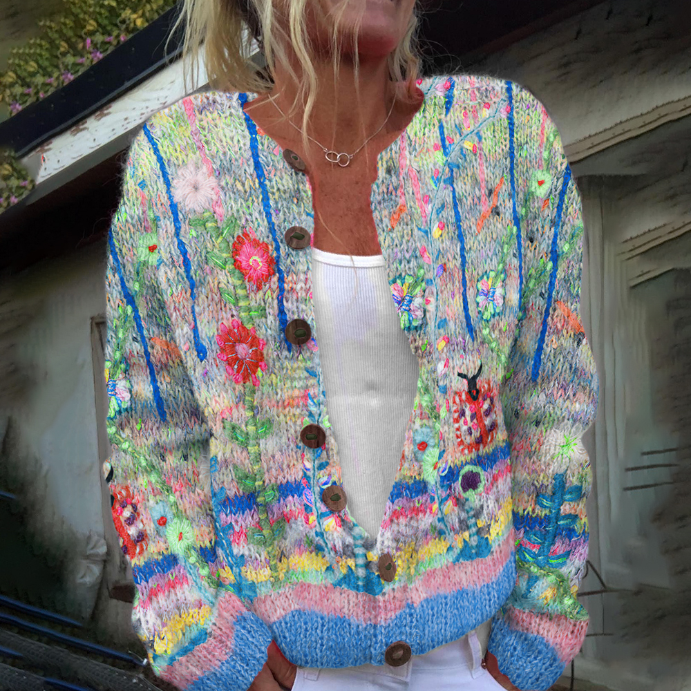 Vintage Floral Print Long Sleeved Knitted Cardigan