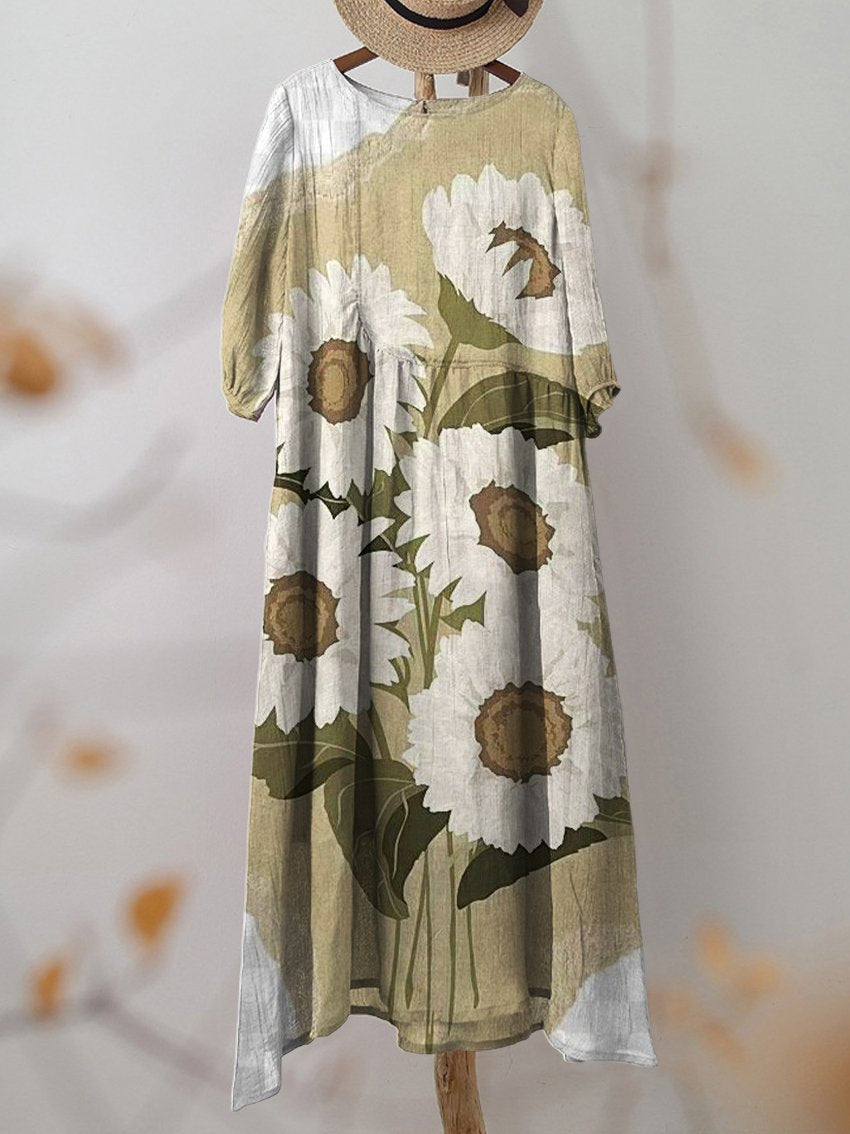 Women's Vintage Daisy Floral Print Pocket Cotton Dress