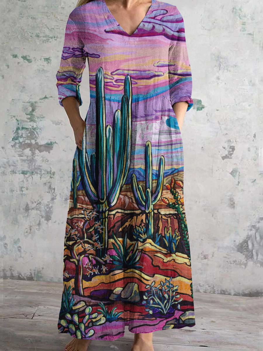 Women's V-Neck Landscape Art Print Cotton And Linen Pocket Dress