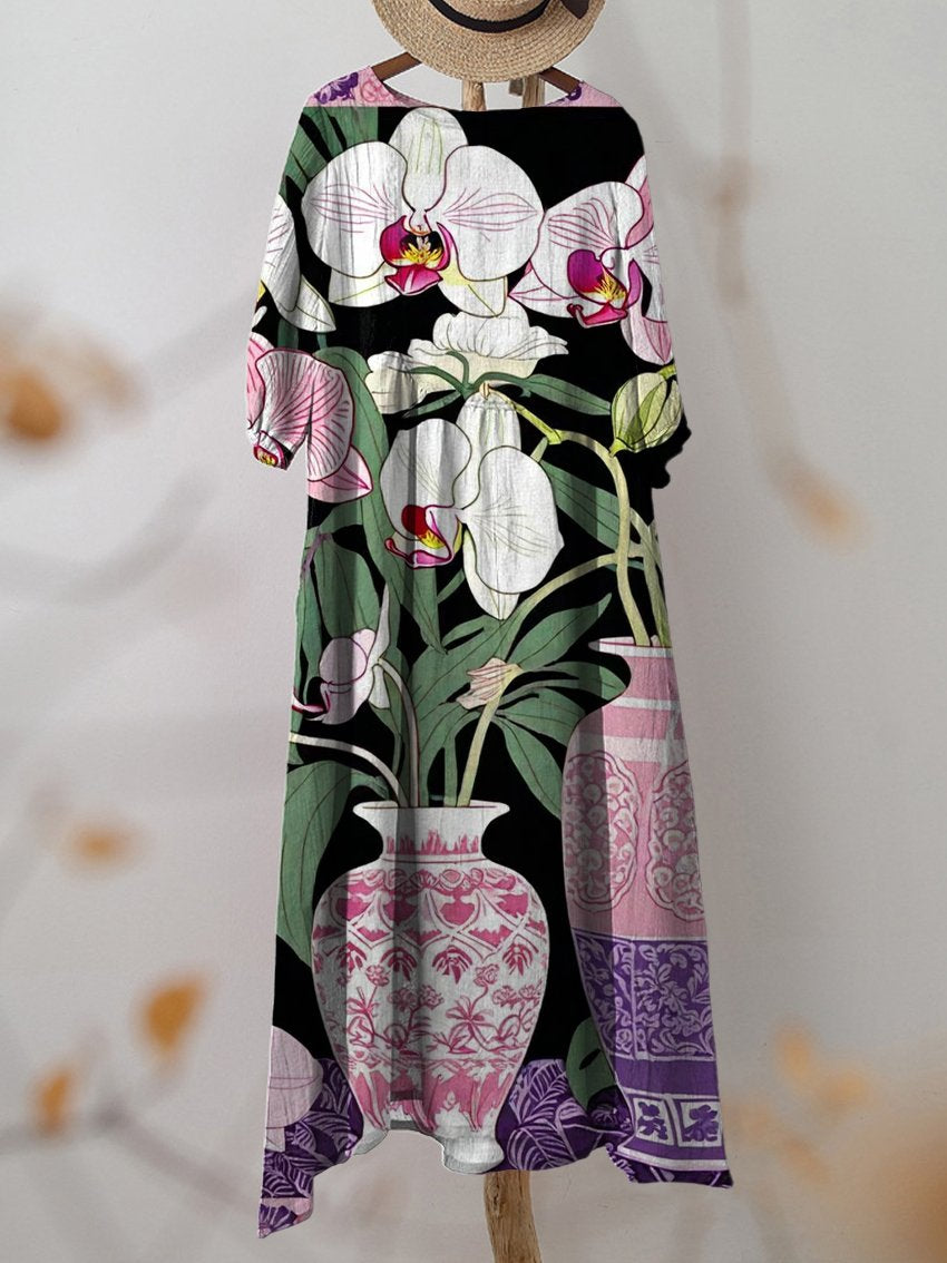 Women's Vintage Phalaenopsis Floral Print Pocket Cotton Dress