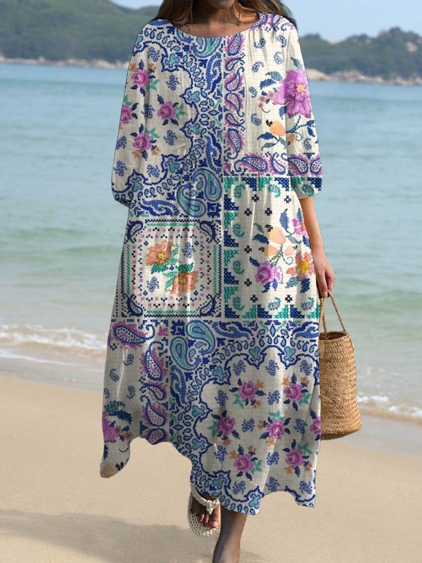 Women's Vintage Ethnic Floral Art Print Pocket Cotton Dress