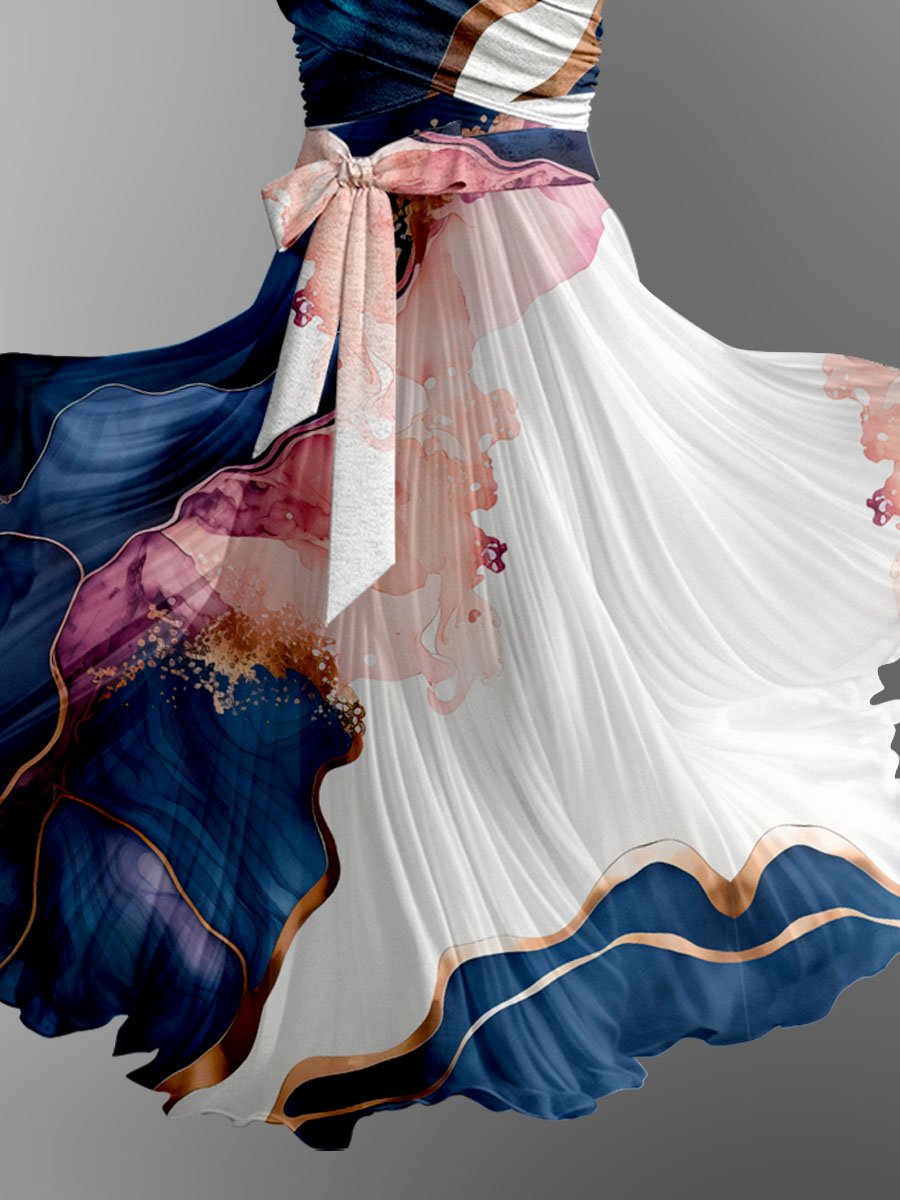 Women's Art Floral Print Camisole Short Sleeve Top Two Piece Dress