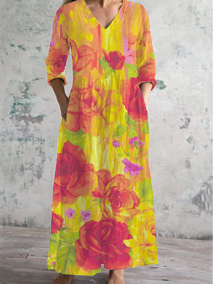 Women's V-Neck Floral Art Cotton And Linen Pocket Dress