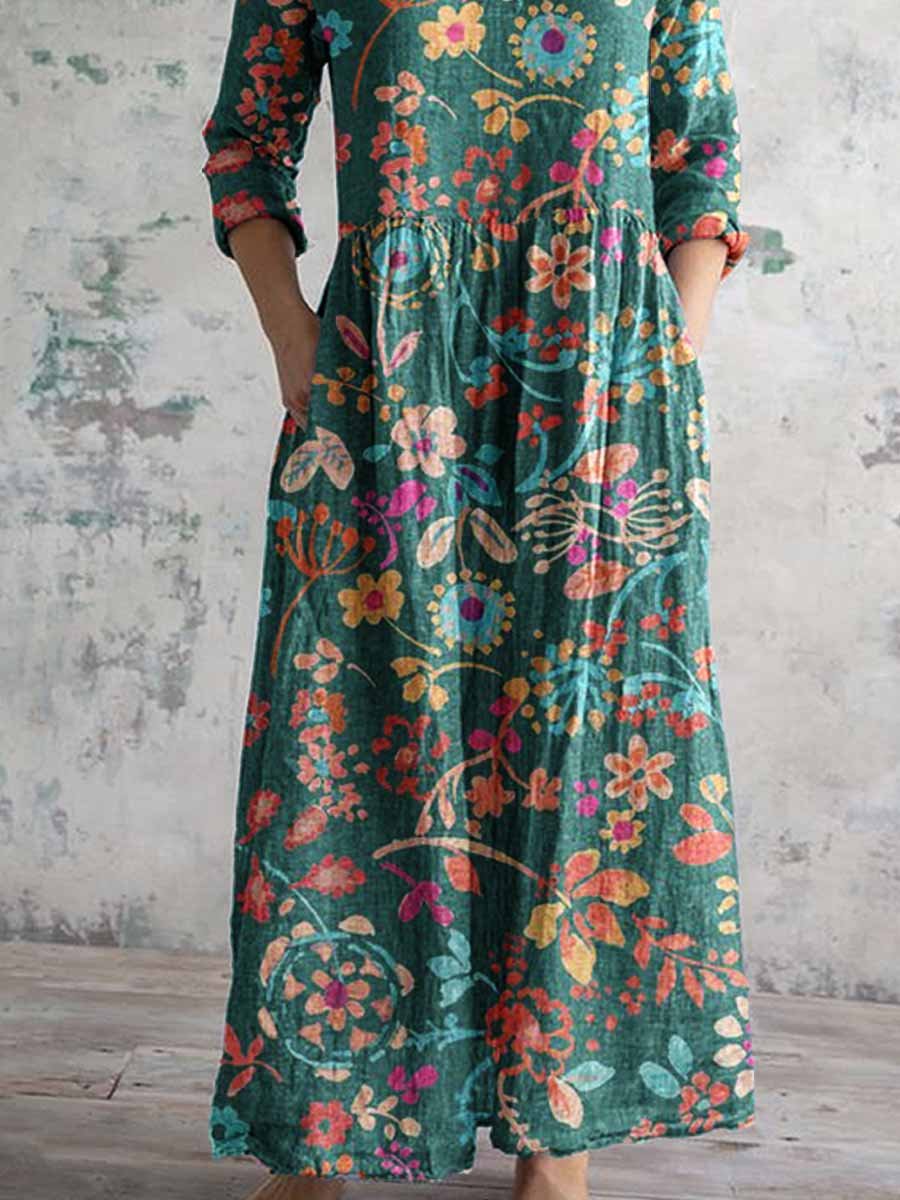 Women's V-neck Elegant Poppy Floral Print Cotton Dress