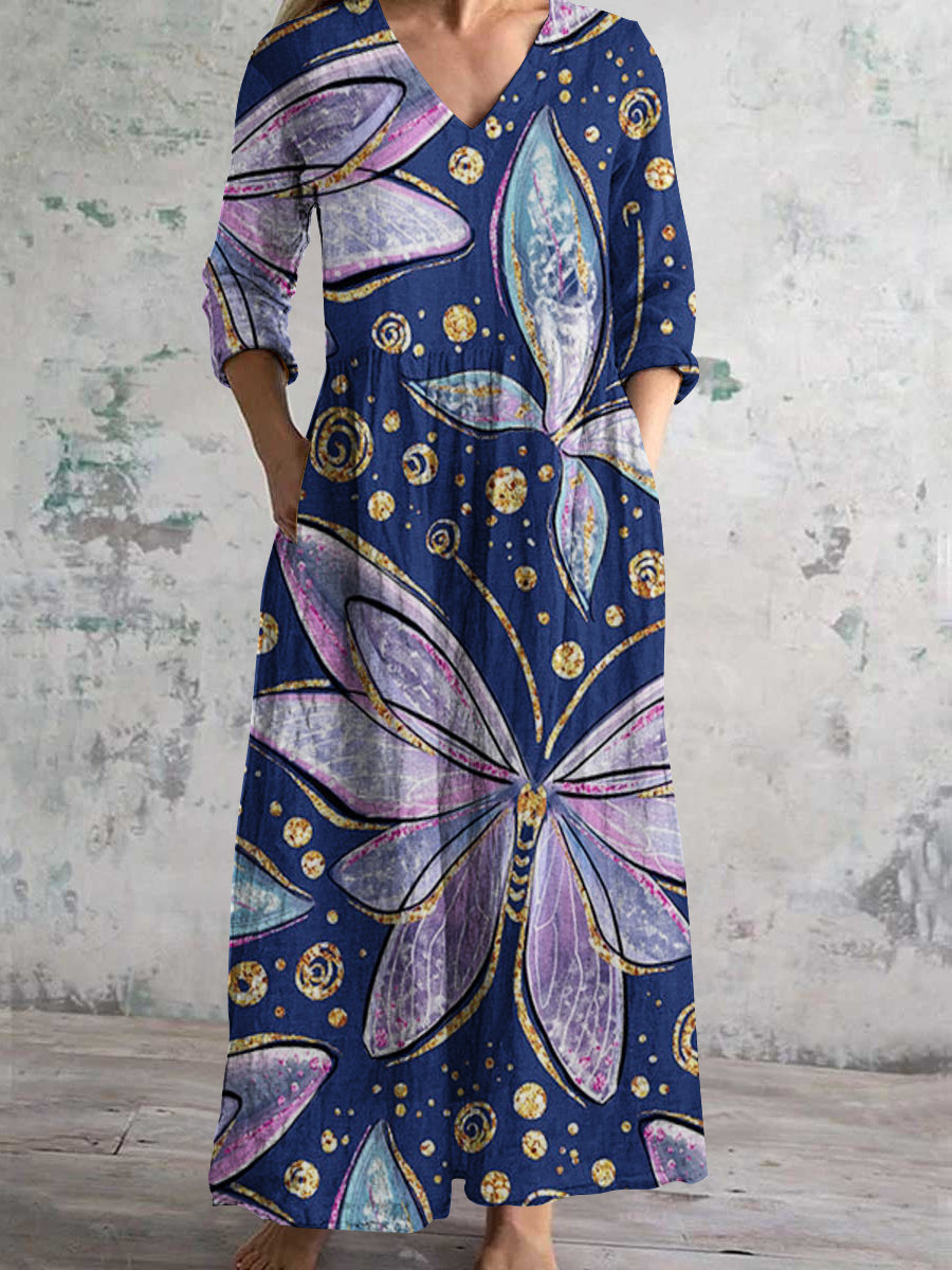Women's V-Neck Abstract Butterfly Art Print Cotton And Linen Pocket Dress