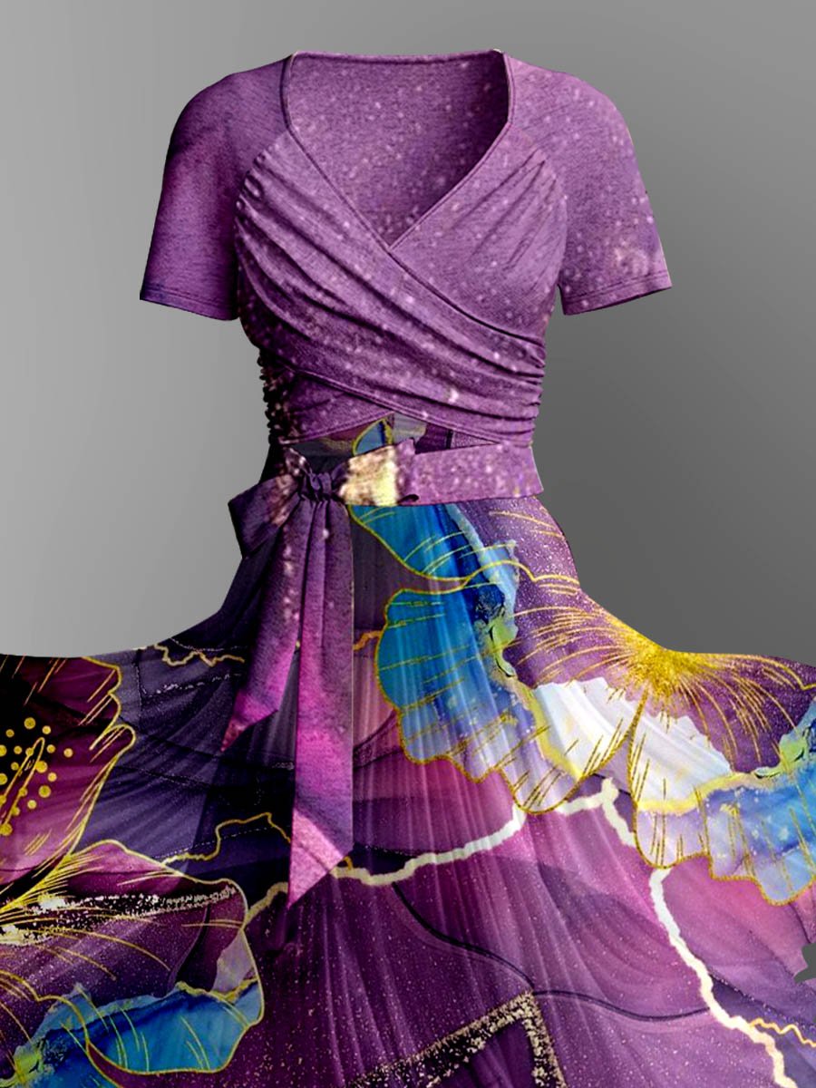 Women's Artistic Splash Print Elegant Suspender Strap Top Two-Piece Dress