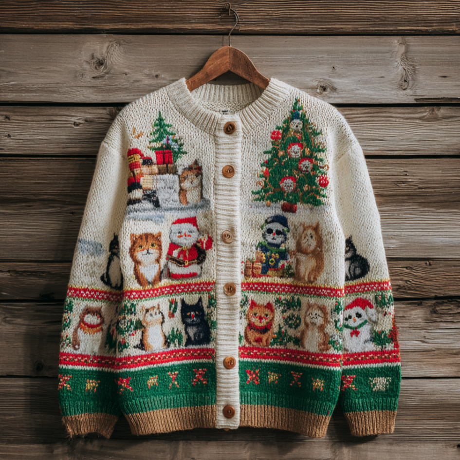Christmas Fun Cat Women's Knit Sweater Coat