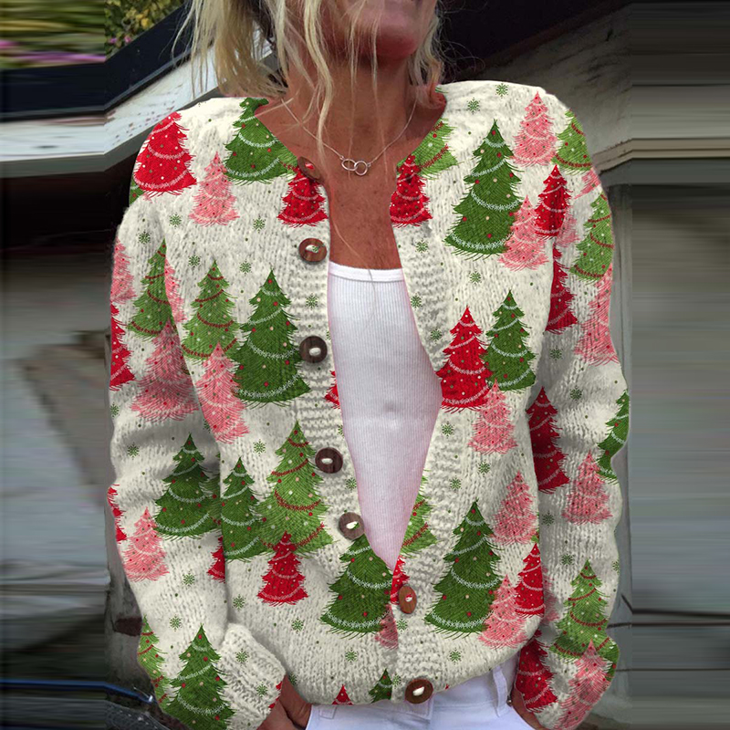 Christmas Tree Print Long Sleeved Knit Cozy Cardigan