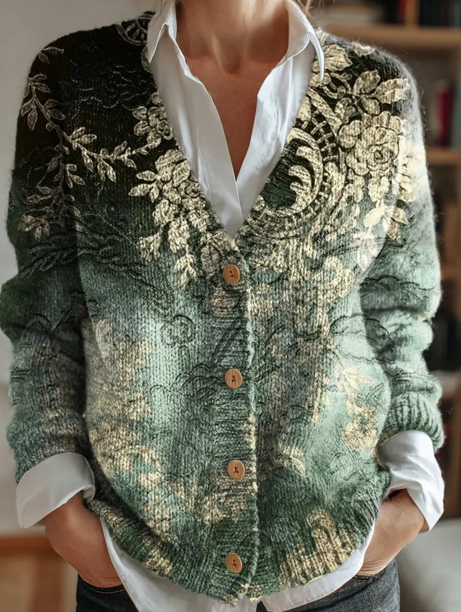 Women's Retro Ethnic Floral Pattern Print V-Neck Button-Up Knit Cardigan