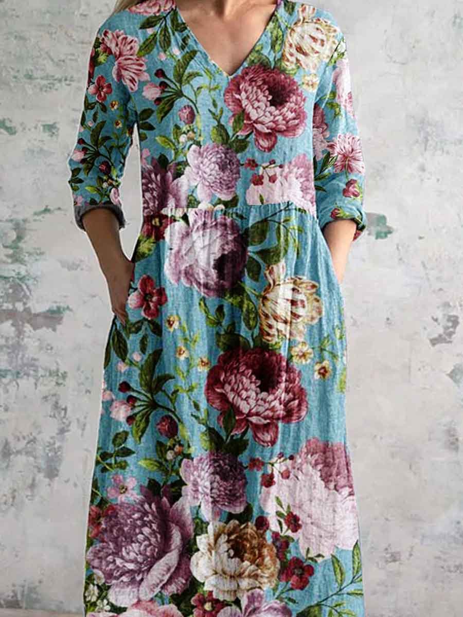 Women's V-neck Vintage Rose Floral Cotton and Linen Dress With Pockets
