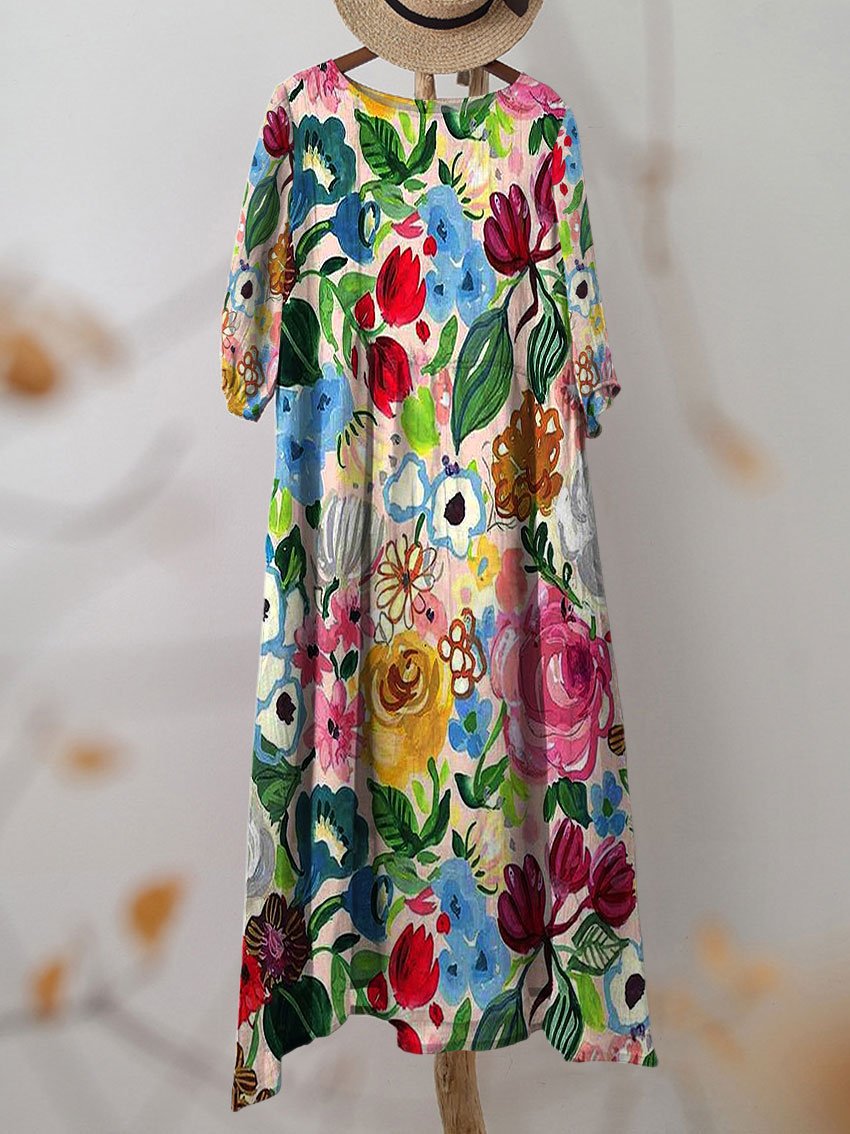 Women's Watercolor Floral Art Print Flowy Dress