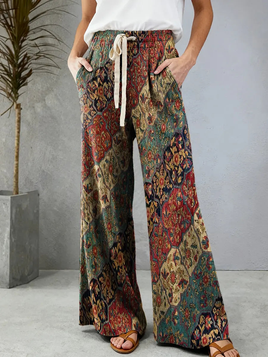 Women's Retro Totem Art Pattern Print Comfortable Drawstring Knit Trousers