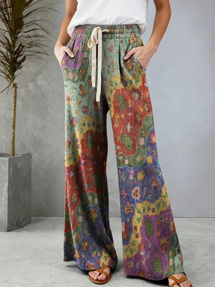 Women's Retro Floral Wave Patchwork Art Print Comfortable Drawstring Knit Trousers