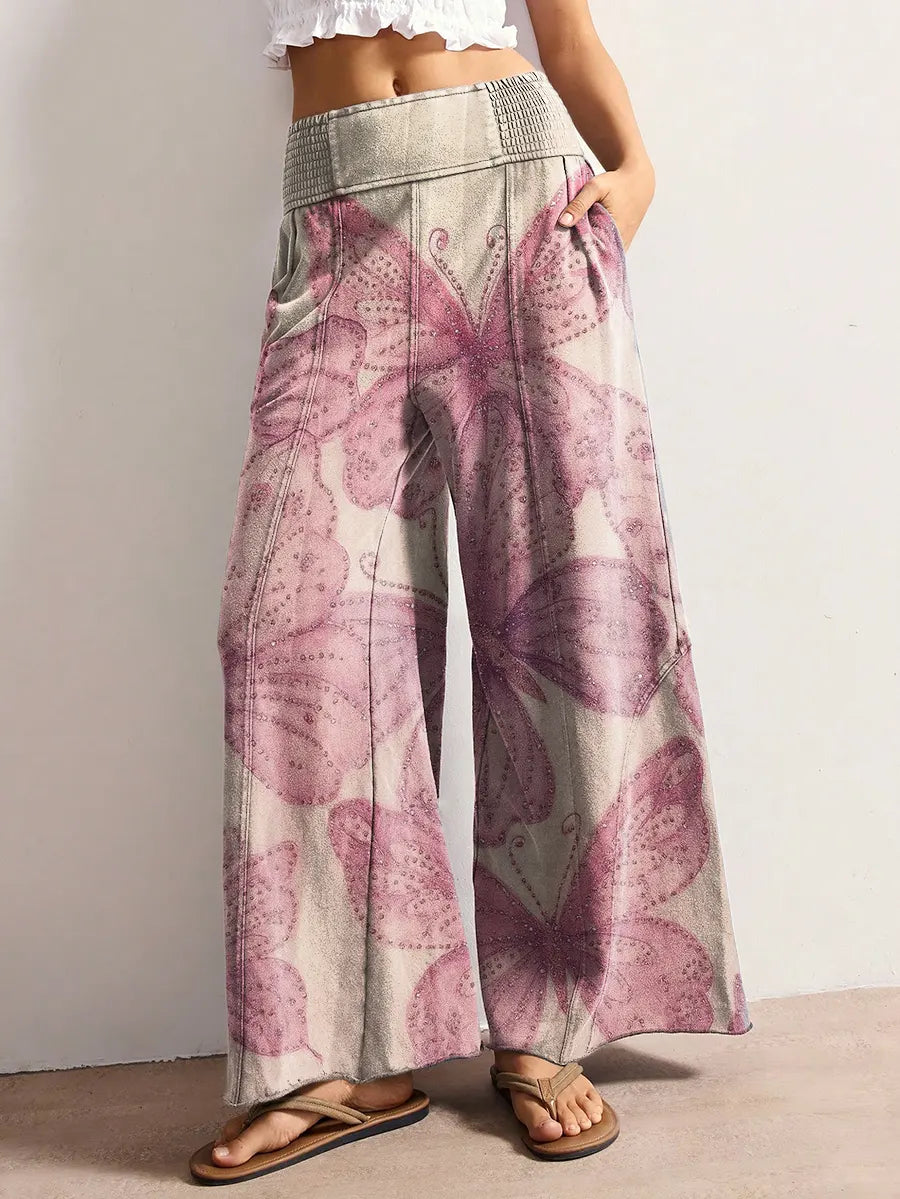 Women's Artistic Butterfly-patterned Printed Stretch Wide-leg Pants