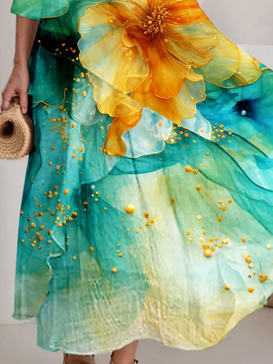 Women's Watercolor Splash Fluid Art Print Flowy Dress