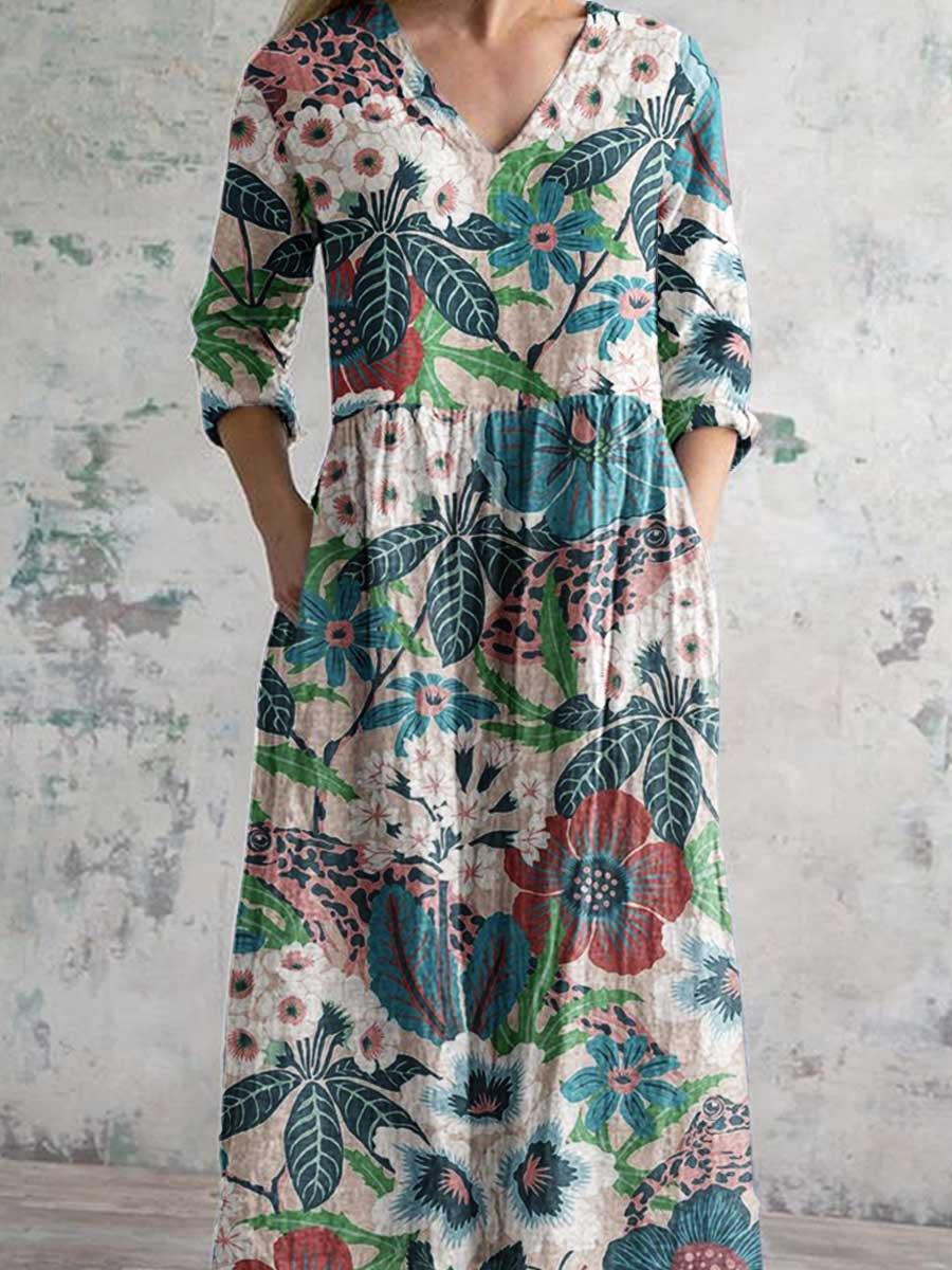 Women's Elegant Floral Pattern V-Neck Cotton Dress