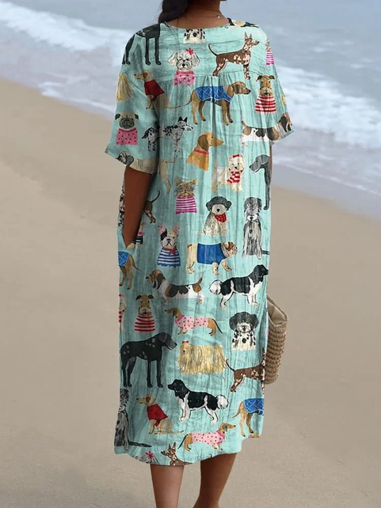 Lovely Puppy Dogs Pattern Printed Women's Flowy Dress