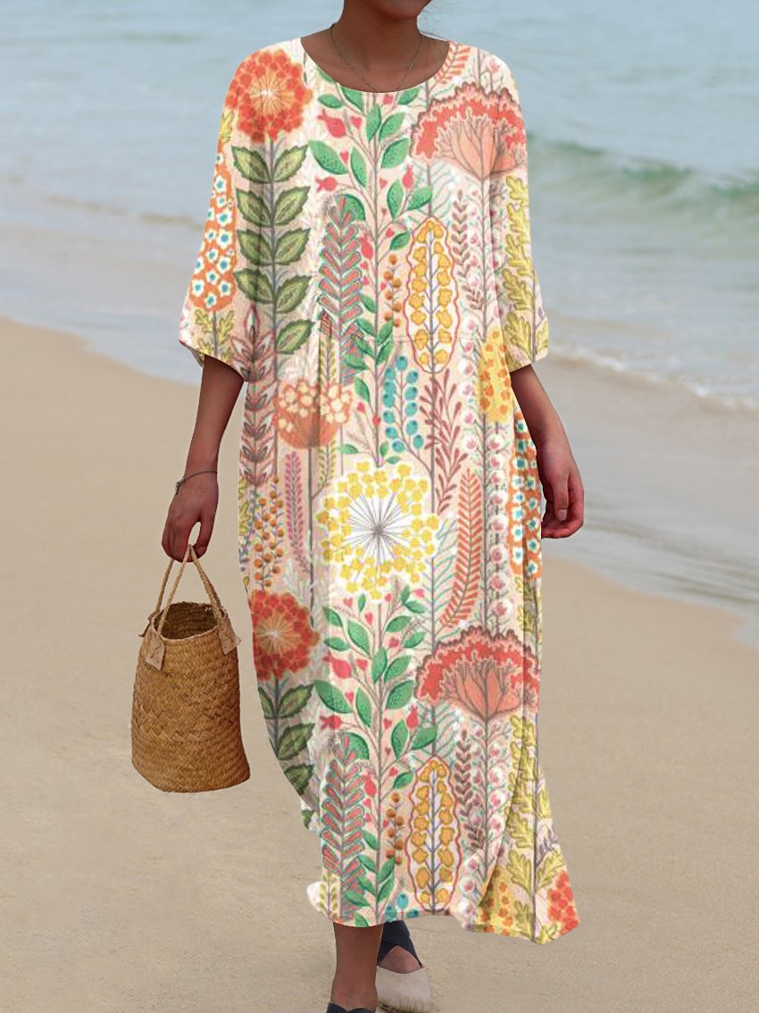 Women's Vintage Warm Color Floral Print Pocket Cotton Dress